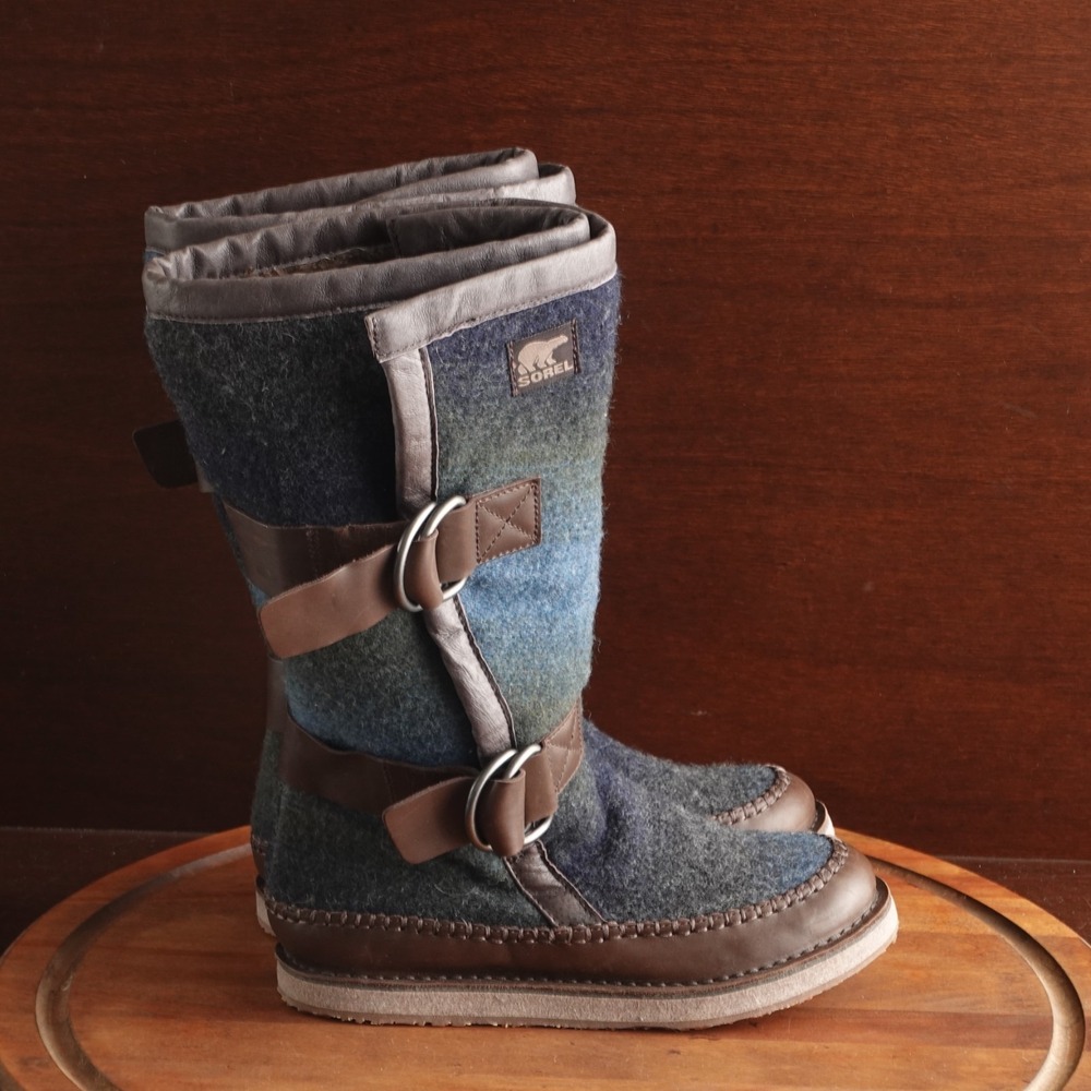 Sorel Blanket Boots WMS SZ 9 Blue Brown Chipahko Wool Leather Southwestern Tall